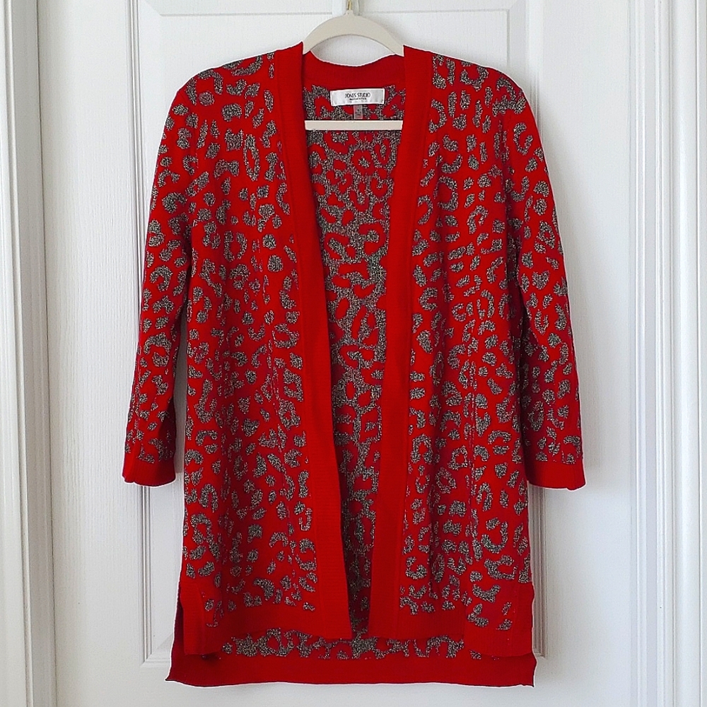 Jones Studio Red and Silver Animal Print Open-Front Cardigan